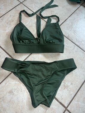Women's Olive Green Bikini Set - Halter Top & High Waist Bottom